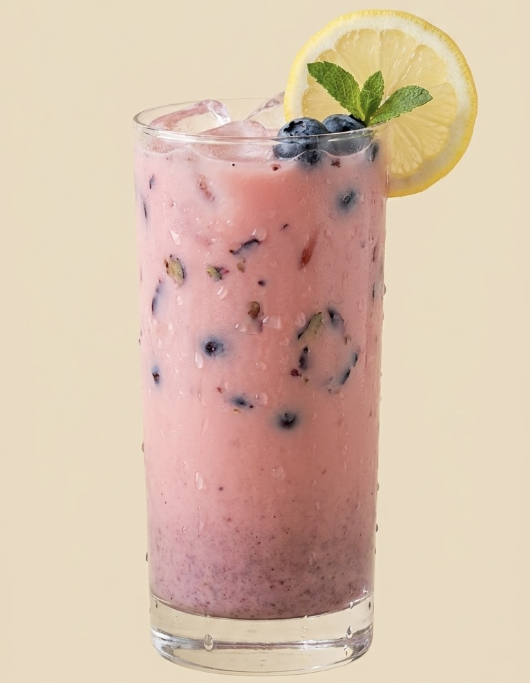 Tall glass of soft pink berry-cream drink with ice, lemon wheel, fresh blueberries and a mint sprig on the rim