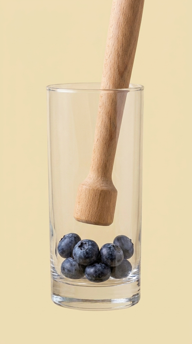 Tall clear glass with fresh whole blueberries at the bottom and a wooden muddler positioned above them