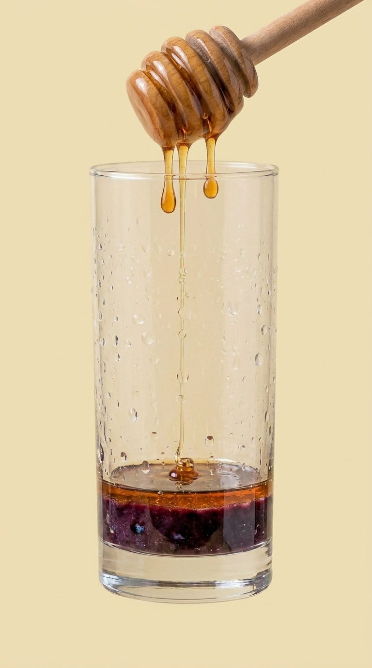 Wooden honey dipper above the glass with crushed blueberry paste and amber honey dripping in