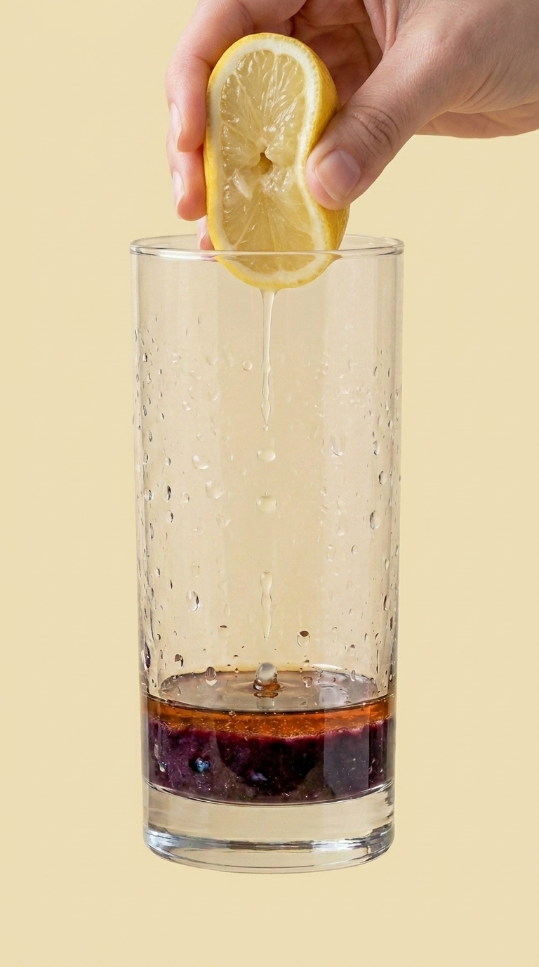 A hand squeezing a fresh lemon half over the glass with crushed blueberry-honey paste at the bottom