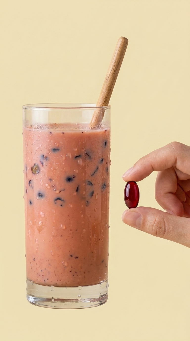 Finished pink drink in the glass with a wooden stirrer, and a hand holding a single ruby-red astaxanthin softgel