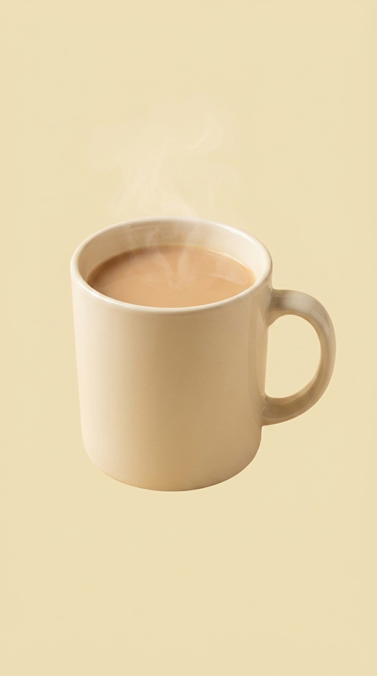 Cream ceramic mug filled with warm beige drink, faint steam