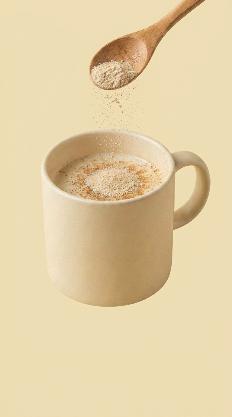 Wooden teaspoon dropping slippery elm bark powder into the mug