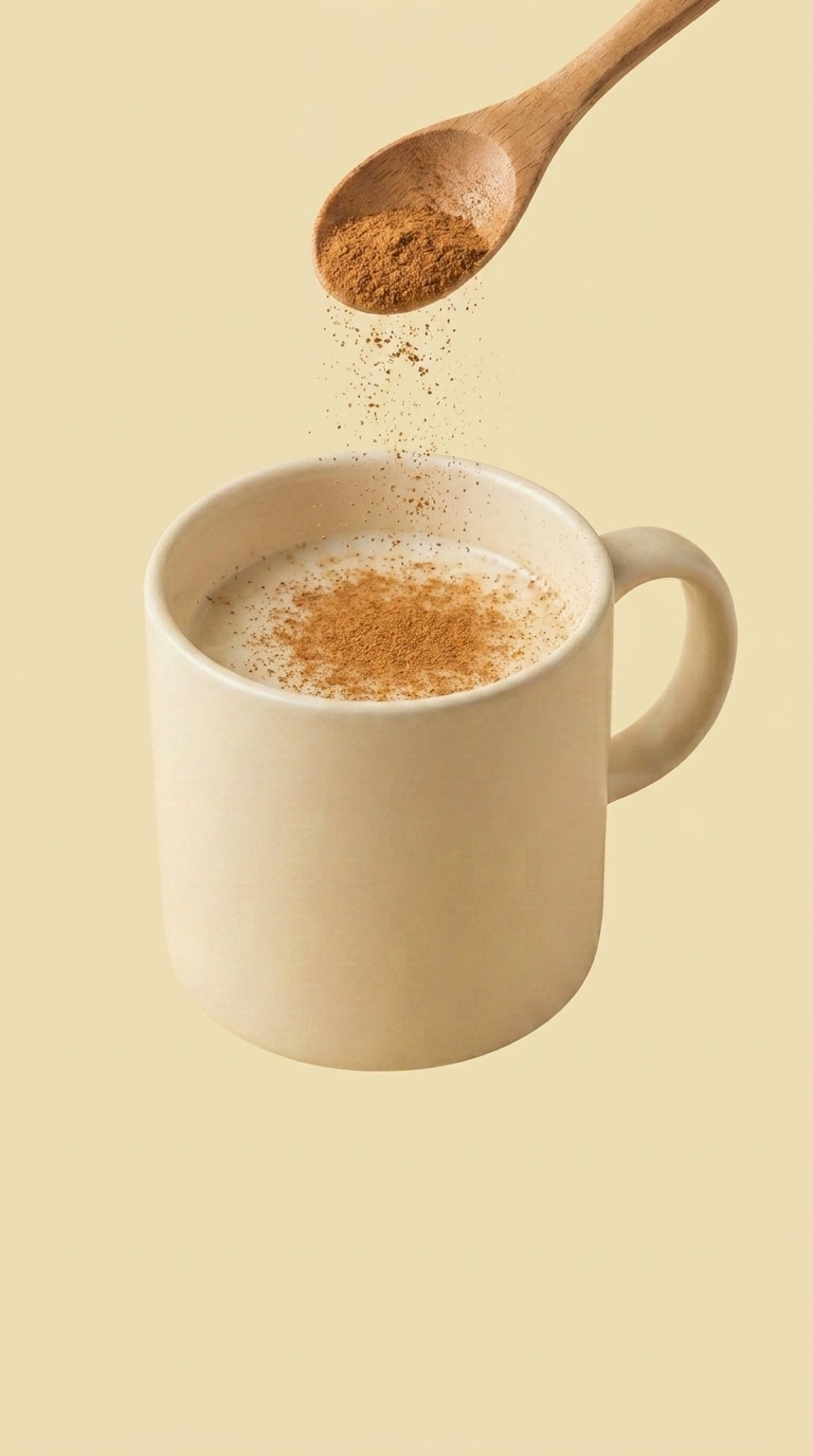 Wooden teaspoon dusting Ceylon cinnamon onto the drink