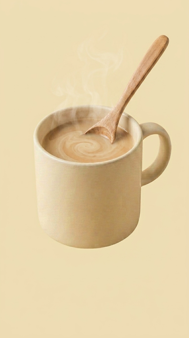 Wooden spoon mid-stir in the finished warm drink