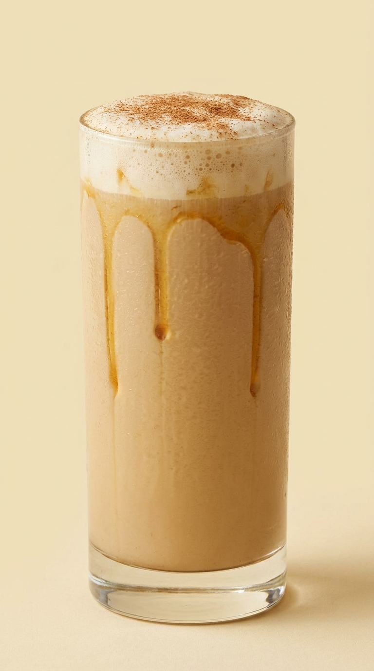Tall clear glass latte with visible layers of coffee, cinnamon, maca and warm almond milk, foamy creamy top with a sprinkle of cinnamon dust