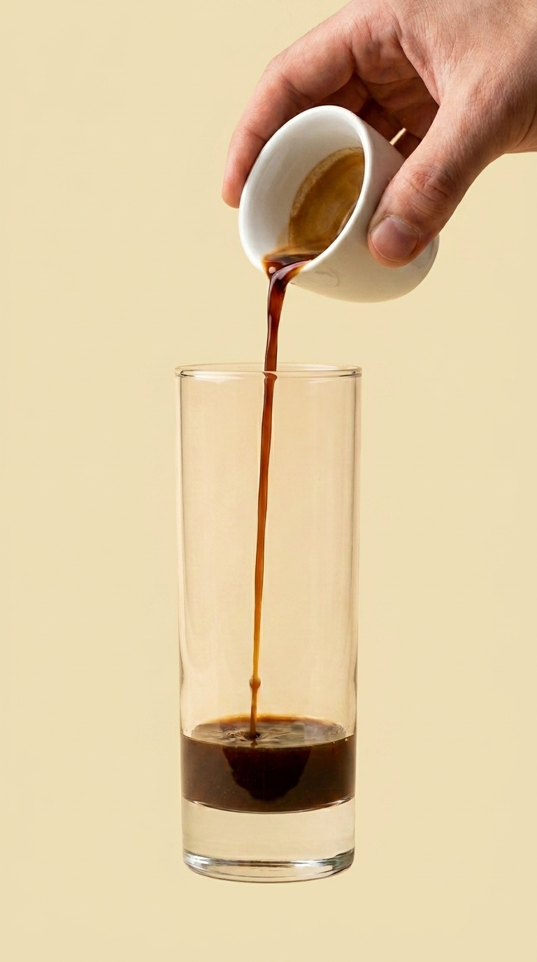 Tall clear glass with a dark coffee shot poured at the bottom; a hand visible above the glass holding a small espresso cup