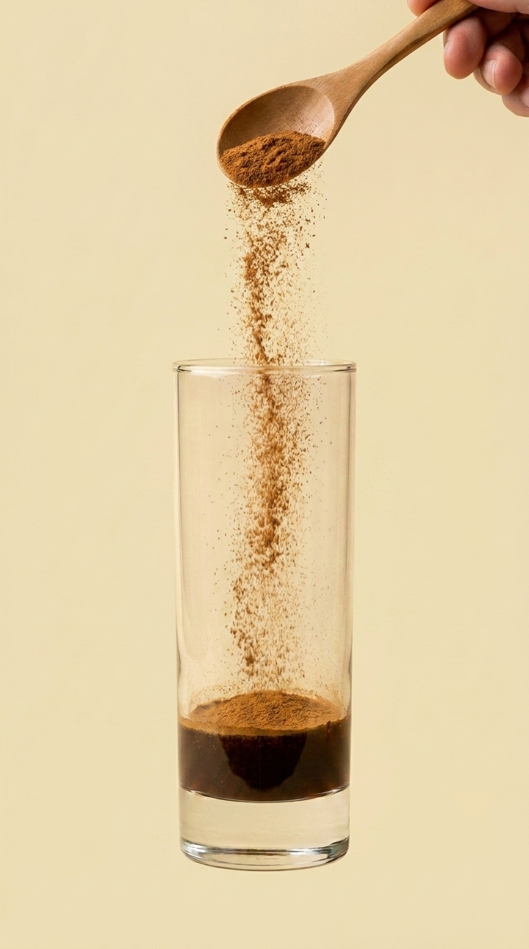 Glass with coffee at the bottom and a fine layer of cinnamon dust settled on top; a hand visible above holding a wooden spoon, releasing a fine stream of cinnamon falling into the glass
