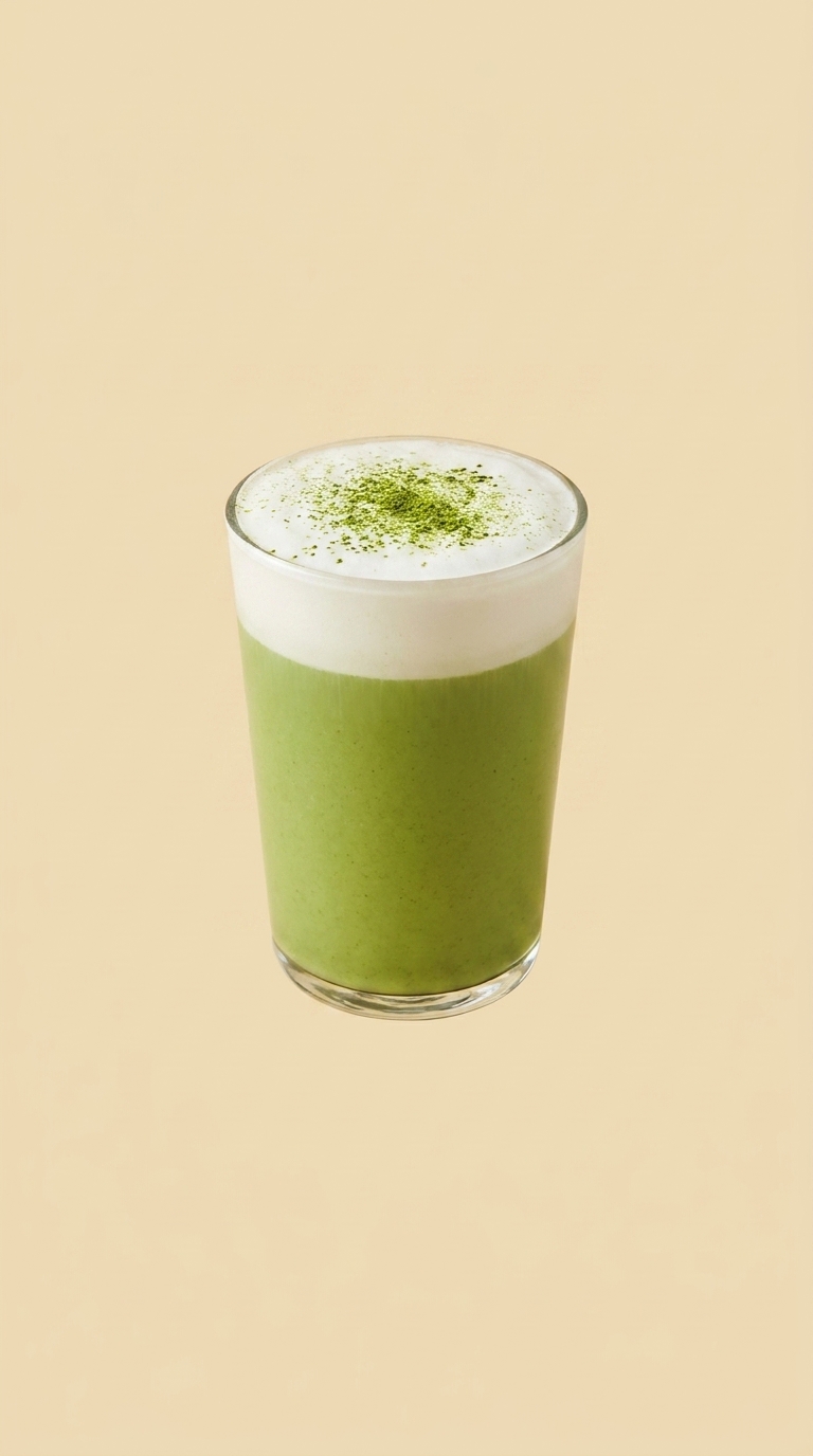 Tall frosted glass of green smoothie with foam