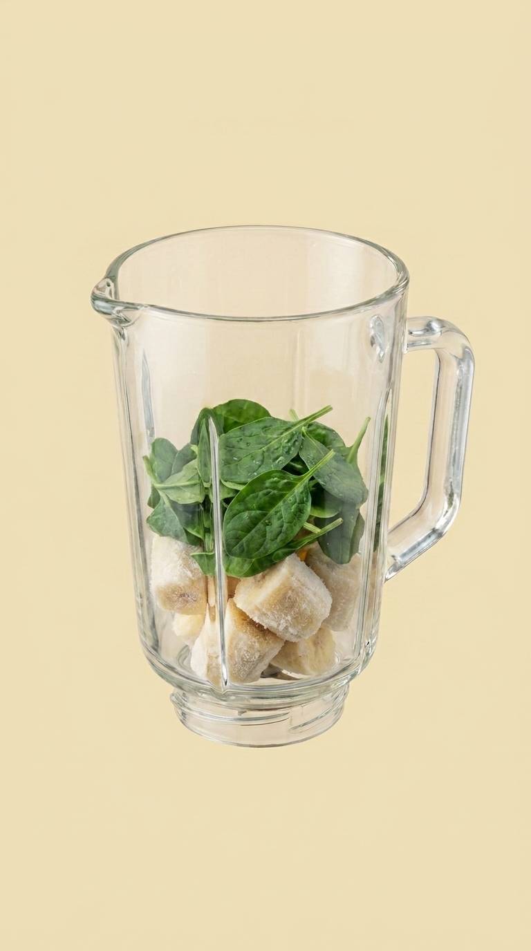 Spinach leaves layered over banana in a blender pitcher