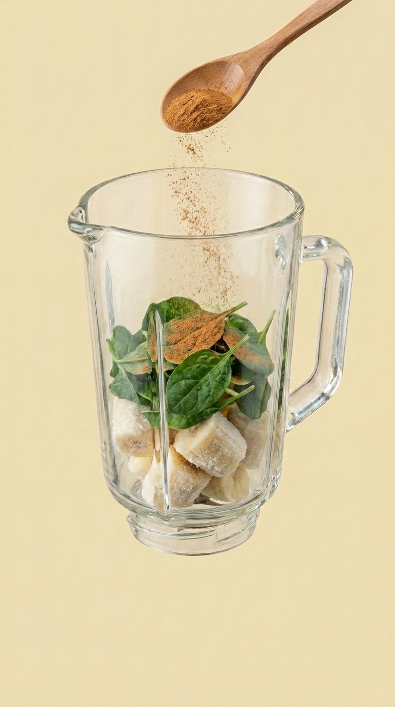 Wooden teaspoon adding cinnamon to a blender pitcher