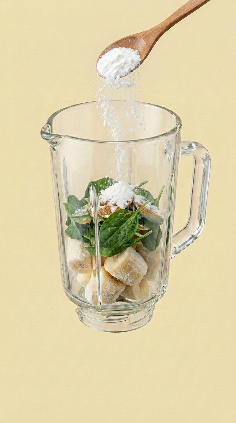 Wooden scoop adding MCT oil powder to a blender pitcher