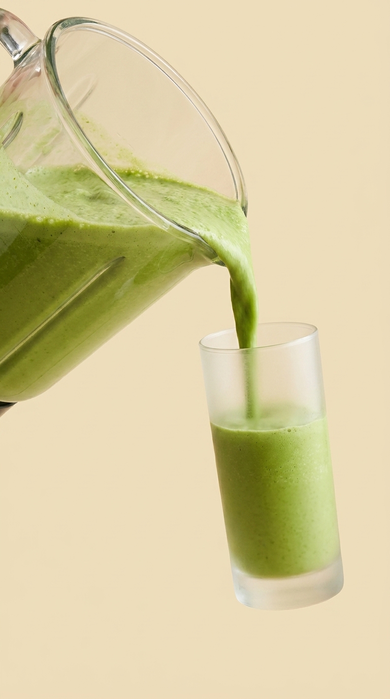 Blender pitcher pouring green smoothie into a tall glass