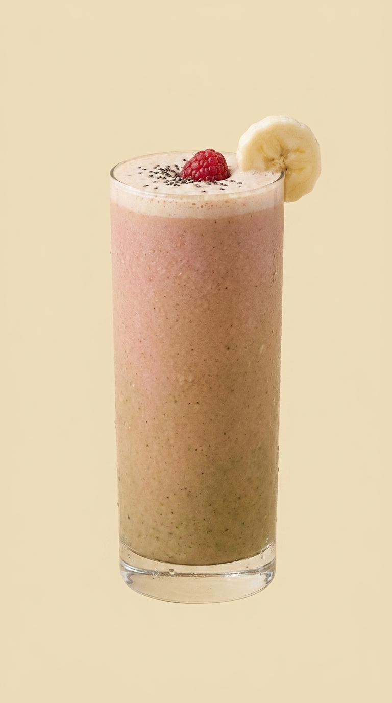 Tall glass of smoothie with visible pink-and-green swirls (raspberry and moringa), chia seeds sprinkled on top, fresh raspberry on foam, banana slice on the rim