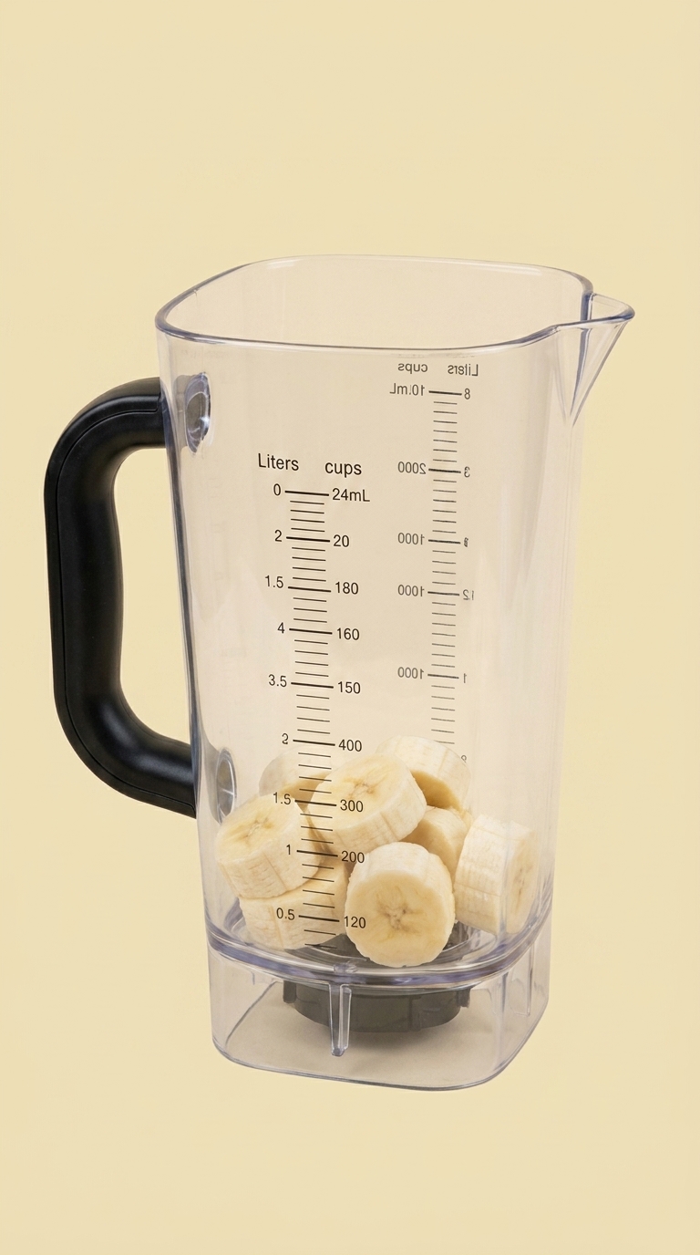 A clear blender pitcher with sliced fresh banana pieces settled at the bottom; a hand visible above the pitcher dropping in additional banana slices