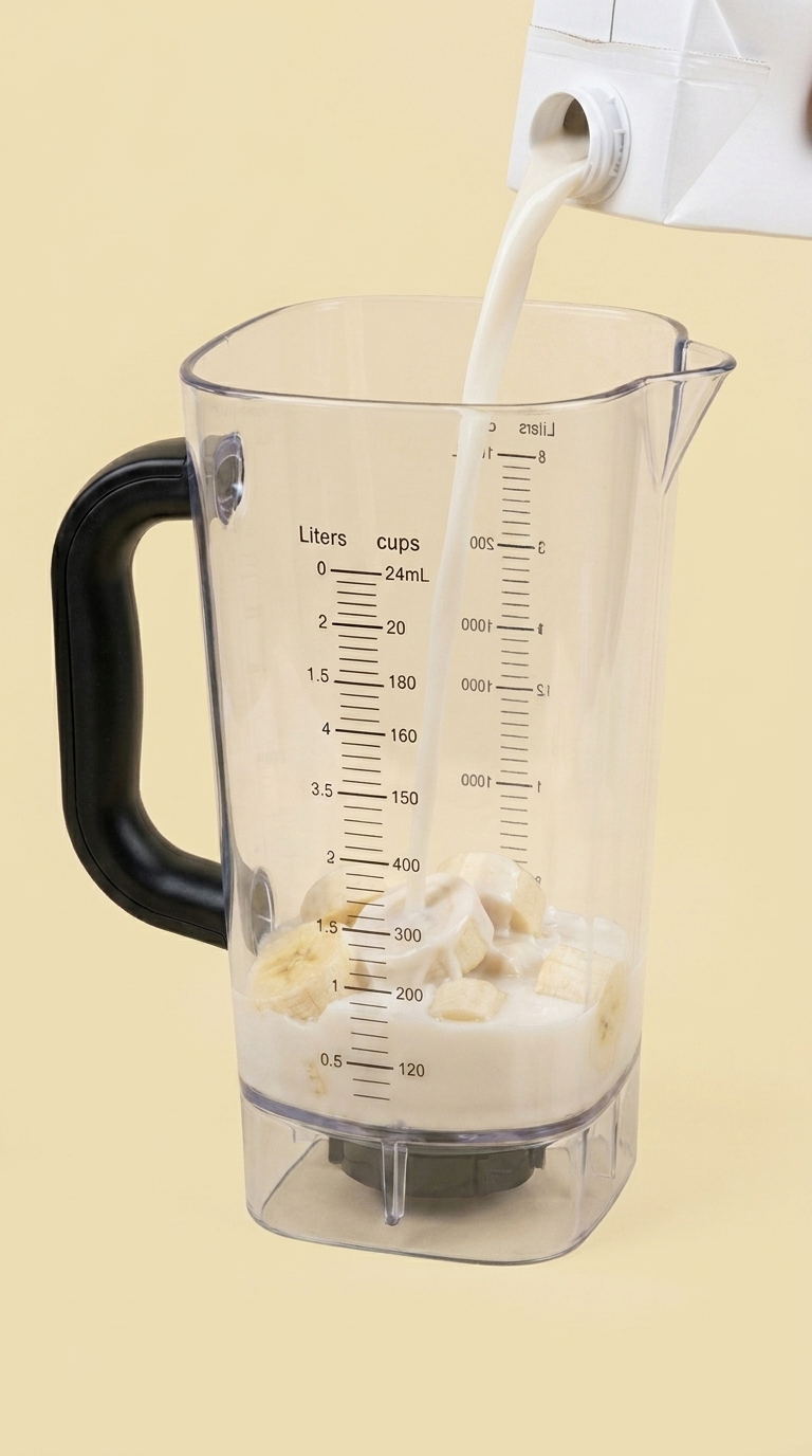 Blender pitcher with banana slices at the bottom and coconut milk filling one-third; a hand visible above holding a glass jug, pouring more coconut milk into the pitcher