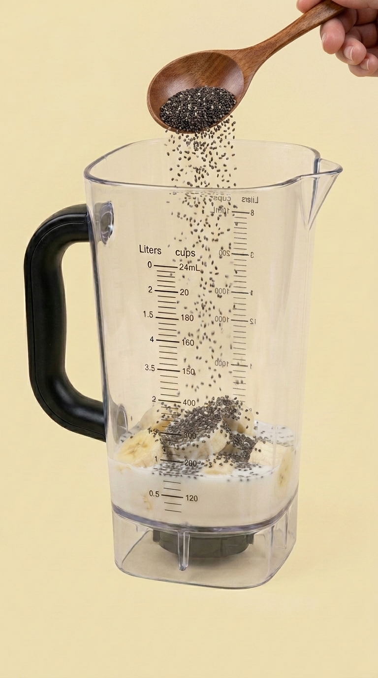 Pitcher with banana, coconut milk and a layer of black chia seeds settled on top; a hand visible above holding a wooden spoon, scattering more chia seeds into the pitcher