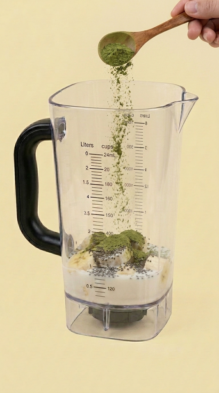 Pitcher with banana, coconut milk and chia layer; a fine layer of deep green moringa powder settled on top; a hand visible above holding a wooden teaspoon, releasing a fine stream of green moringa powder falling into the pitcher
