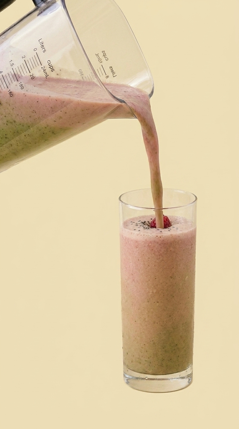 Blender pitcher pouring smoothie with visible pink-and-green swirls into a tall glass below it, chia seeds and a fresh raspberry visible inside