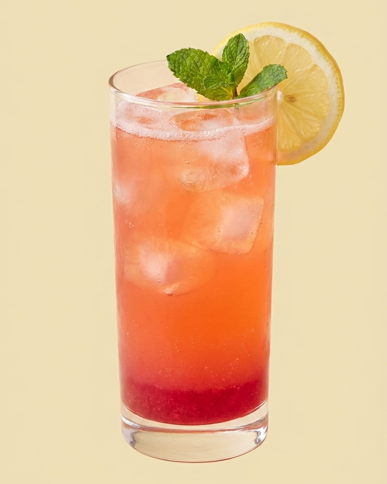 Tall glass of vibrant coral-pink drink with ice, fresh lemon slice and mint sprig