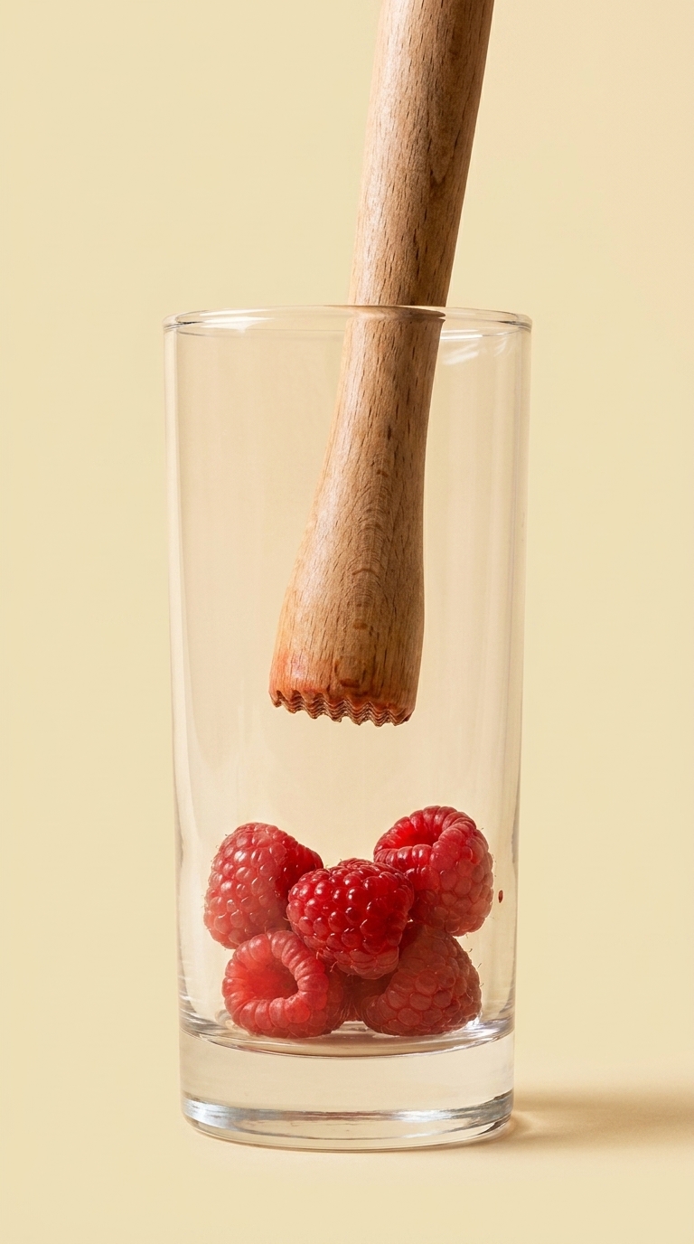 Tall clear glass with fresh raspberries at the bottom and a wooden muddler positioned to crush them