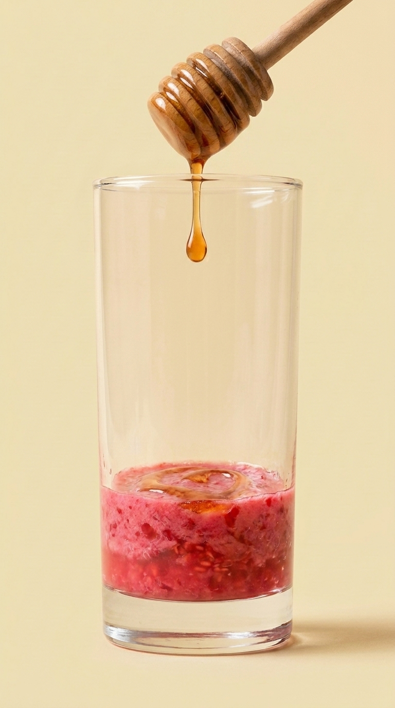 Wooden honey dipper above the glass with crushed raspberries and amber honey just drizzled in