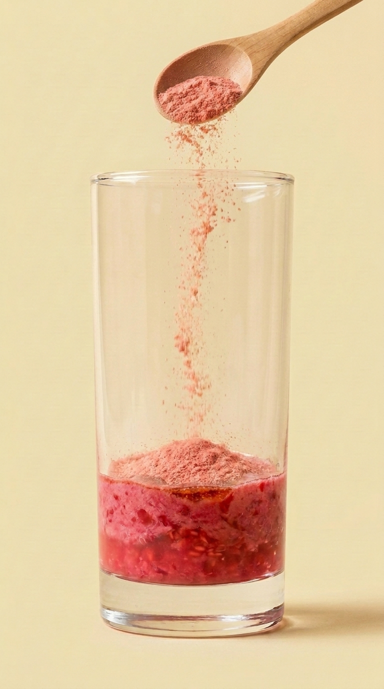 Wooden teaspoon dropping pink-coral acerola powder into the glass with raspberry-honey syrup