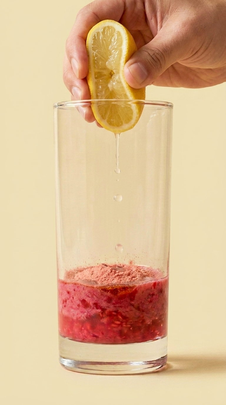 Half lemon resting on glass rim with juice already squeezed in