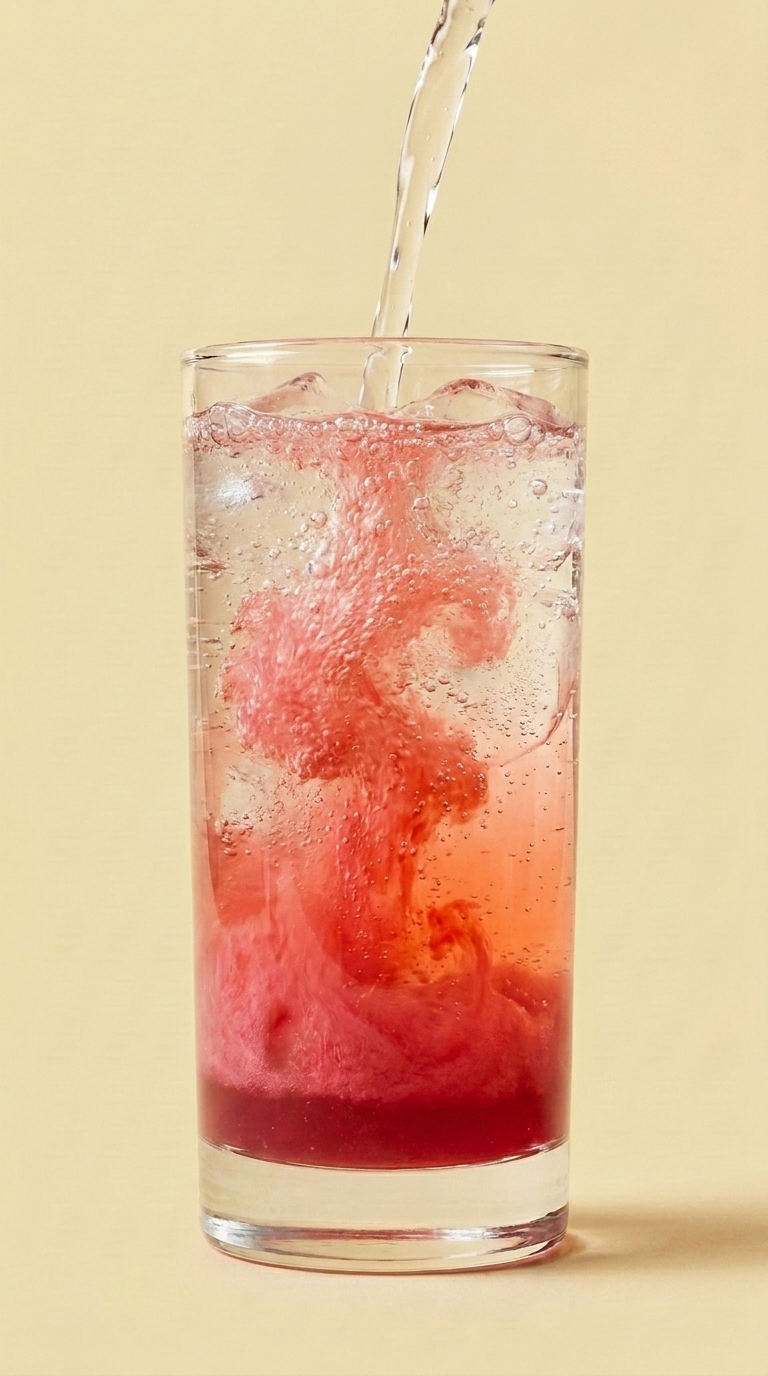 Sparkling water poured into the glass, the pink syrup blooming upward through the bubbles