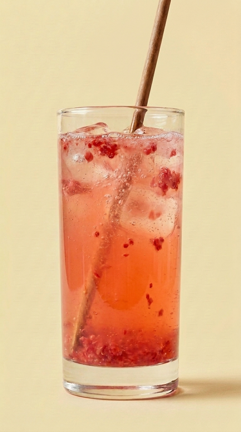 Wooden stirrer mid-stir in the finished coral-pink drink